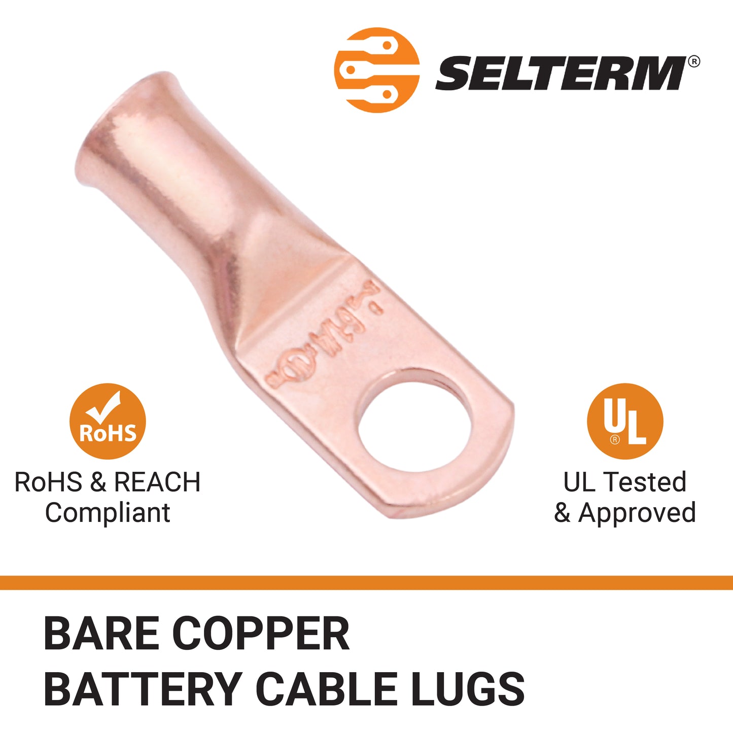6 AWG (6 Gauge) 1/4" Stud, Bare Copper Battery Cable Ends, Wire Lugs, Heavy Duty, MD0614U