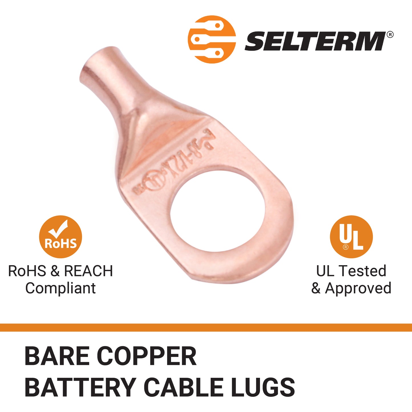 8 AWG (8 Gauge) 1/2" Stud, Bare Copper Battery Cable Ends, Wire Lugs, Heavy Duty, MD0812UX