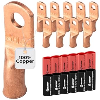 8 AWG (8 Gauge) #10 Stud, Wire Lugs, Bare Copper, Battery Cable Ends, Heavy Duty, MD0810U