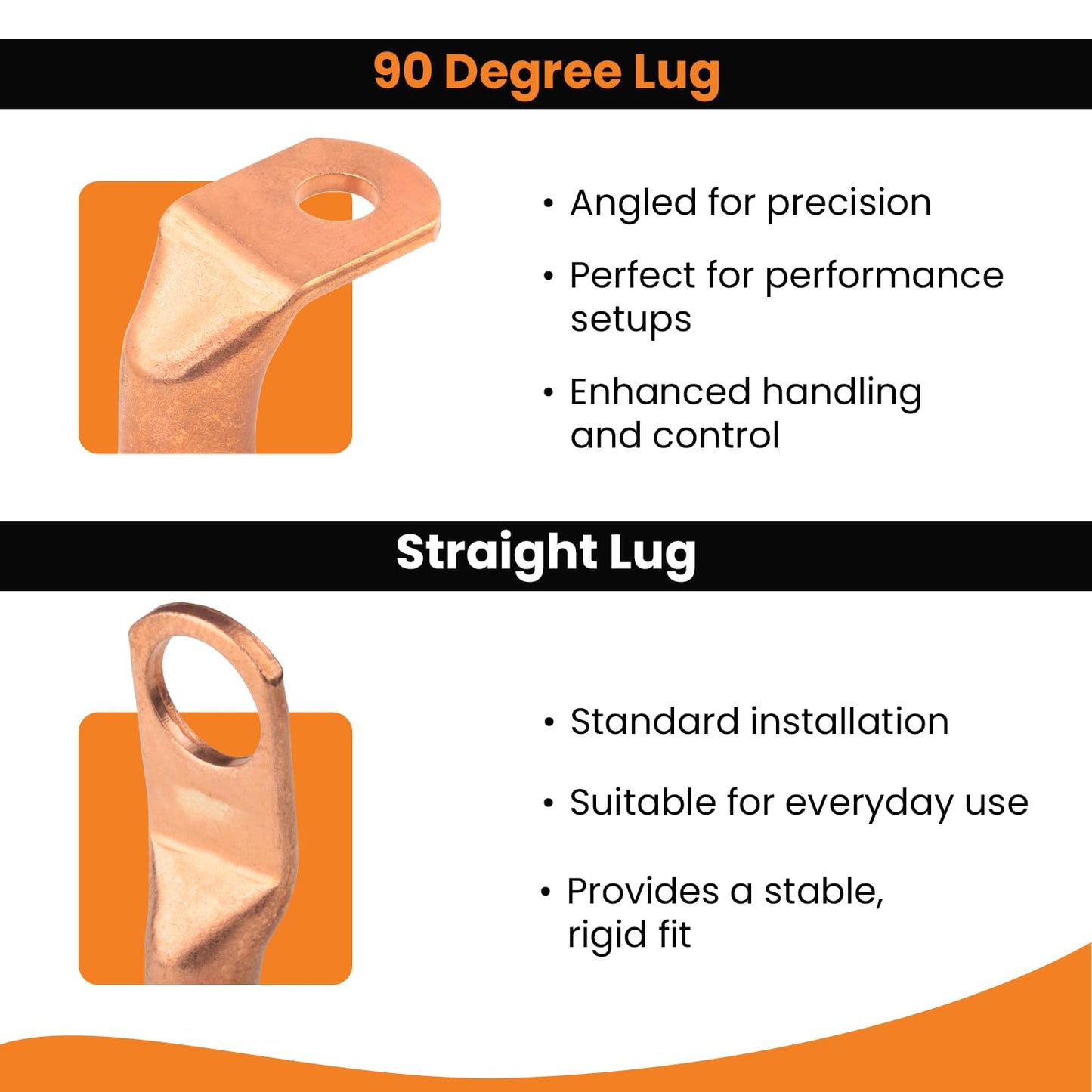 1/0 AWG 5/16" Stud 90 Degree Bent Battery Lugs - 10pcs - Ring Terminal Connectors with 12pcs 3:1 Black & Red 3/4" Heat Shrink Tubing - Heavy Duty Battery Cable Ends - Bare Copper Wire Connectors Kit