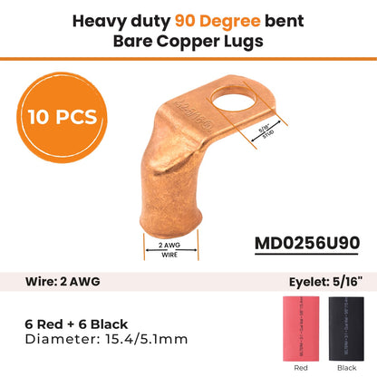 2 AWG 5/16" Stud - 90 Degree Bent Battery Lugs - 10pcs - Ring Terminal Connectors with 12pcs 3:1 Black & Red 5/8" Heat Shrink Tubing - Heavy Duty Battery Cable Ends - Bare Copper Wire Connectors Kit