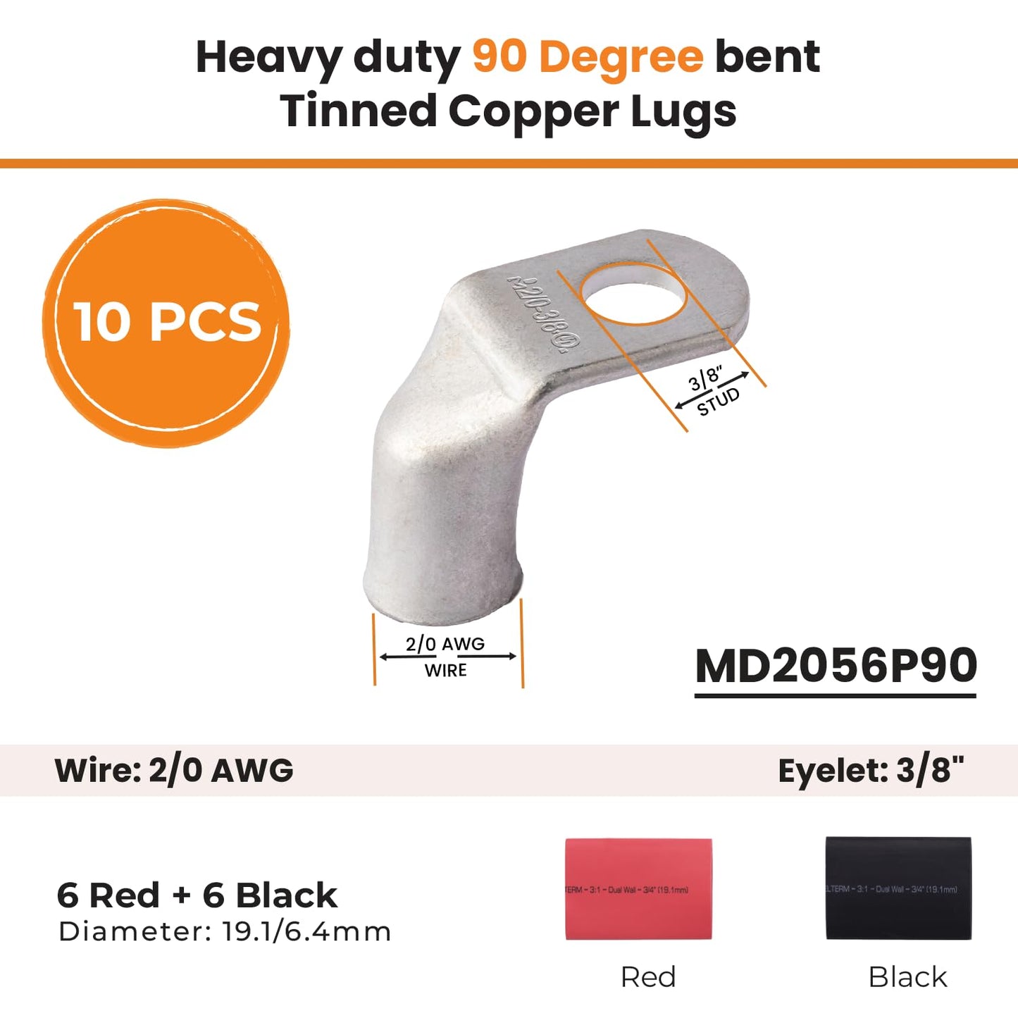 2/0 AWG 3/8" Stud 90 Degree Bent Battery Lugs - 10pcs - Ring Terminal Connectors with 12pcs 3:1 Black & Red 3/4" Heat Shrink Tubing - Heavy Duty Battery Cable Ends - Tinned Copper Wire Connector Kit