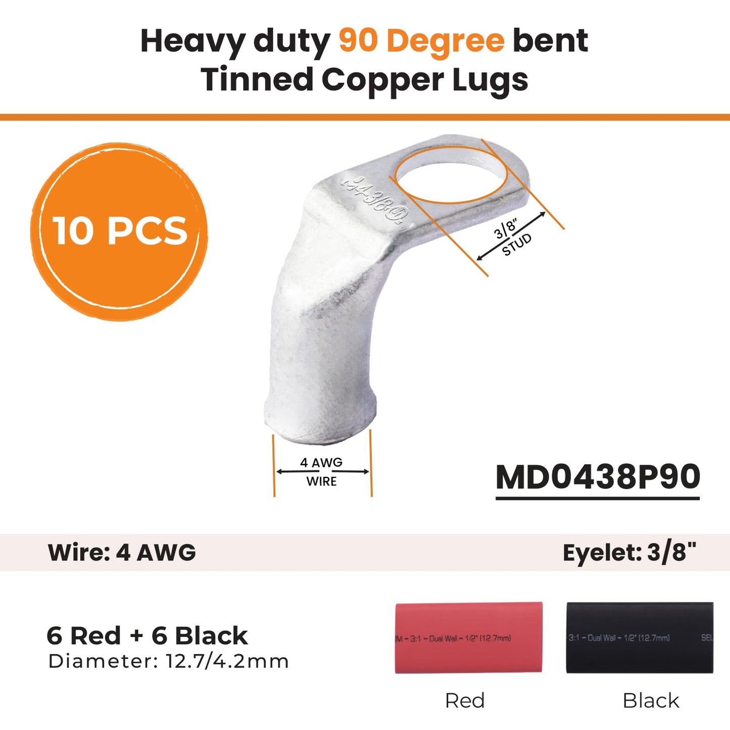 4 AWG 3/8" Stud - 90 Degree Bent Battery Lugs - 10pcs - Ring Terminal Connectors with 12pcs 3:1 Black & Red 1/2" Heat Shrink Tubing - Heavy Duty Battery Cable Ends - Tinned Copper Wire Connector Kit