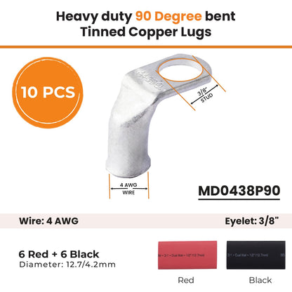 4 AWG 3/8" Stud - 90 Degree Bent Battery Lugs - 10pcs - Ring Terminal Connectors with 12pcs 3:1 Black & Red 1/2" Heat Shrink Tubing - Heavy Duty Battery Cable Ends - Tinned Copper Wire Connector Kit