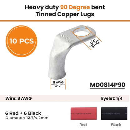 8 AWG 1/4" Stud Marine Grade, 90° Bent Tinned Copper Lugs - 10pcs With 12pcs 3:1 Black & Red Heat Shrink Tubing, 1/2" Ring Terminal Connectors, Heavy Duty Battery Cable Ends Copper Eyelets