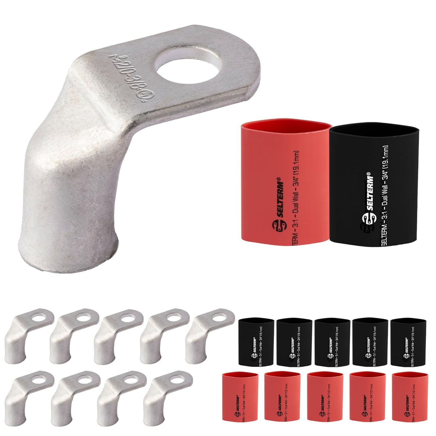2/0 AWG 3/8" Stud 90 Degree Bent Battery Lugs - 10pcs - Ring Terminal Connectors with 12pcs 3:1 Black & Red 3/4" Heat Shrink Tubing - Heavy Duty Battery Cable Ends - Tinned Copper Wire Connector Kit