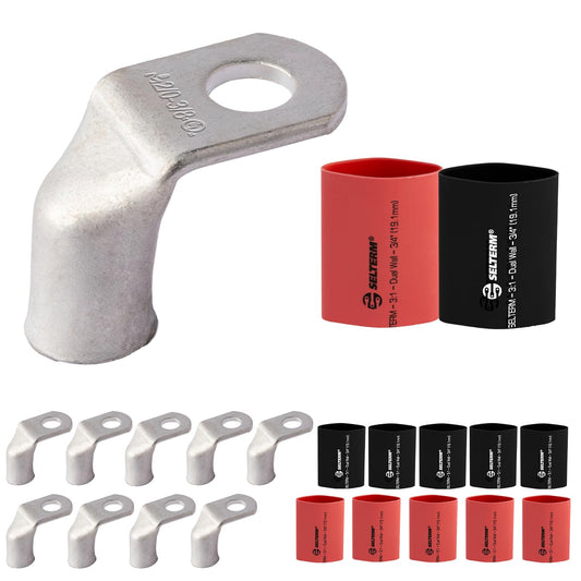 2/0 AWG 3/8" Stud 90 Degree Bent Battery Lugs - 10pcs - Ring Terminal Connectors with 12pcs 3:1 Black & Red 3/4" Heat Shrink Tubing - Heavy Duty Battery Cable Ends - Tinned Copper Wire Connector Kit