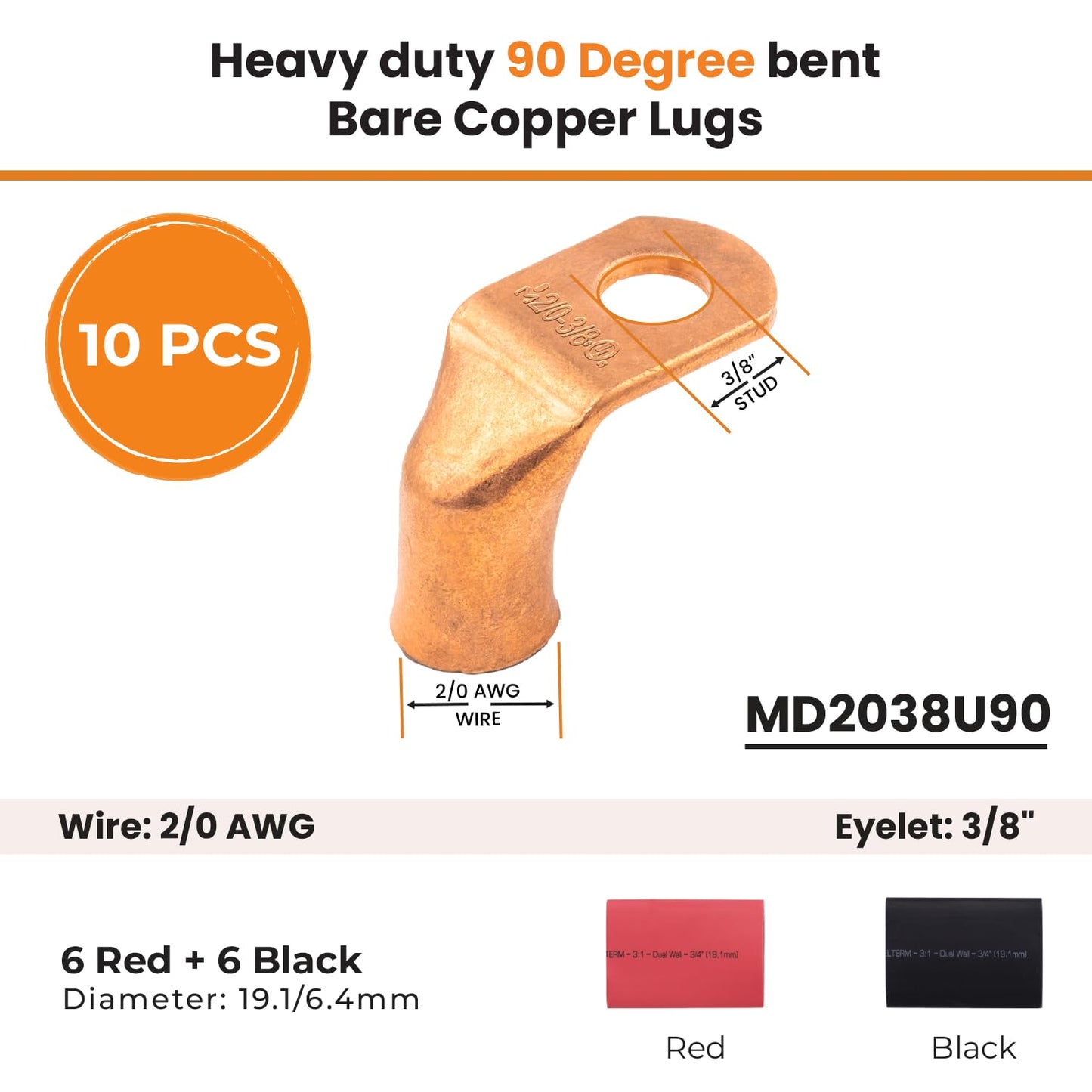 2/0 AWG 3/8" Stud 90 Degree Bent Battery Lugs - 10pcs - Ring Terminal Connectors with 12pcs 3:1 Black & Red 3/4" Heat Shrink Tubing - Heavy Duty Battery Cable Ends - Bare Copper Wire Connectors Kit