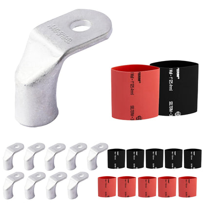 4/0 AWG 5/16" Stud - 90 Degree Bent Battery Lugs - 10pcs - Ring Terminal Connectors with 12pcs 3:1 Black & Red 1" Heat Shrink Tubing- Heavy Duty Battery Cable Ends - Tinned Copper Wire Connector Kit