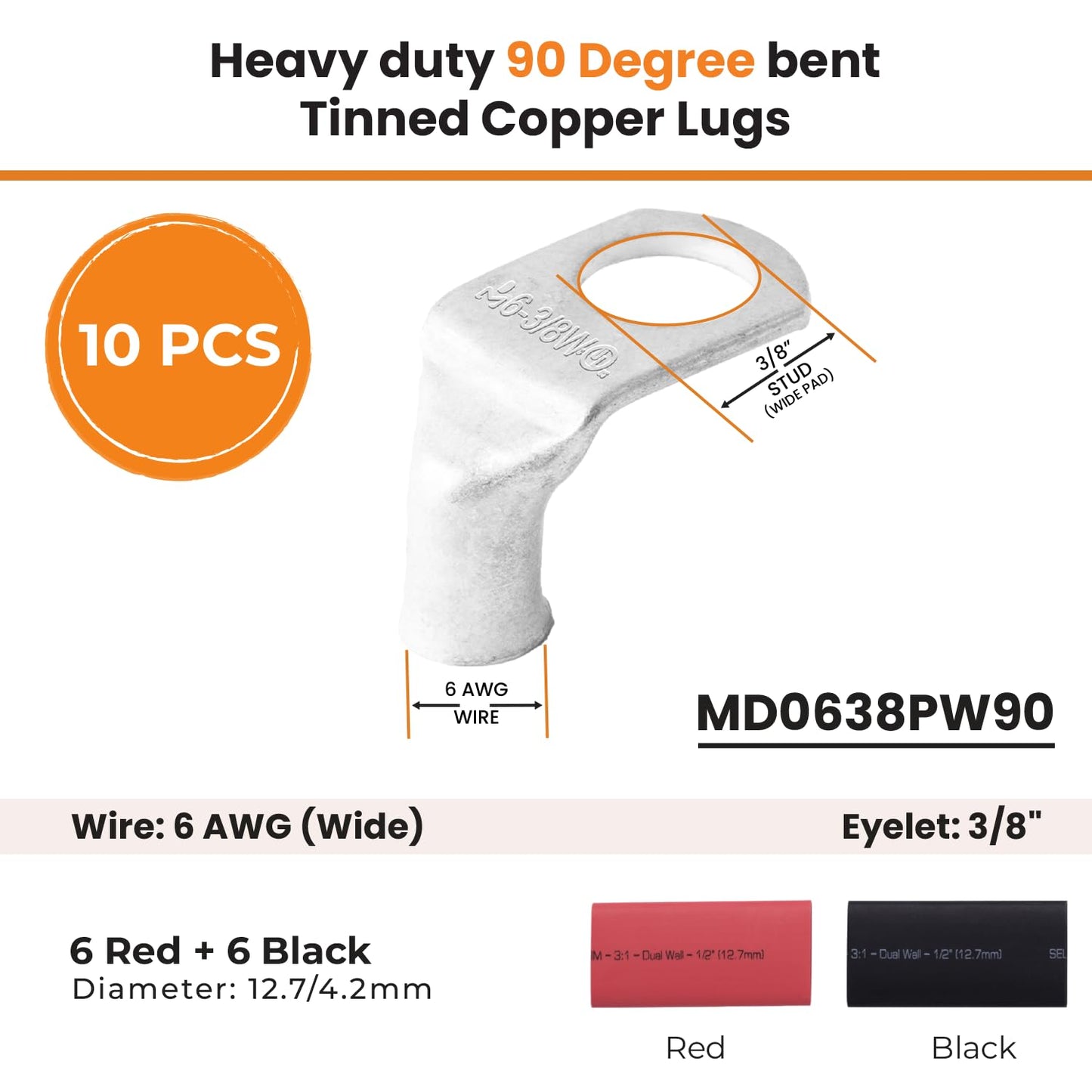 6 AWG 3/8" (Wide Pad) Stud- 90 Degree Bent Battery Lugs- 10pcs - Lugs- Ring Terminal Connectors with 12pcs 3:1 Black & Red 1/2" Heat Shrink Tubing - Heavy Duty Cable Ends- Tinned Copper Wire Connector Kit