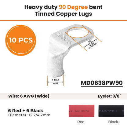 6 AWG 3/8" (Wide Pad) Stud- 90 Degree Bent Battery Lugs- 10pcs - Lugs- Ring Terminal Connectors with 12pcs 3:1 Black & Red 1/2" Heat Shrink Tubing - Heavy Duty Cable Ends- Tinned Copper Wire Connector Kit