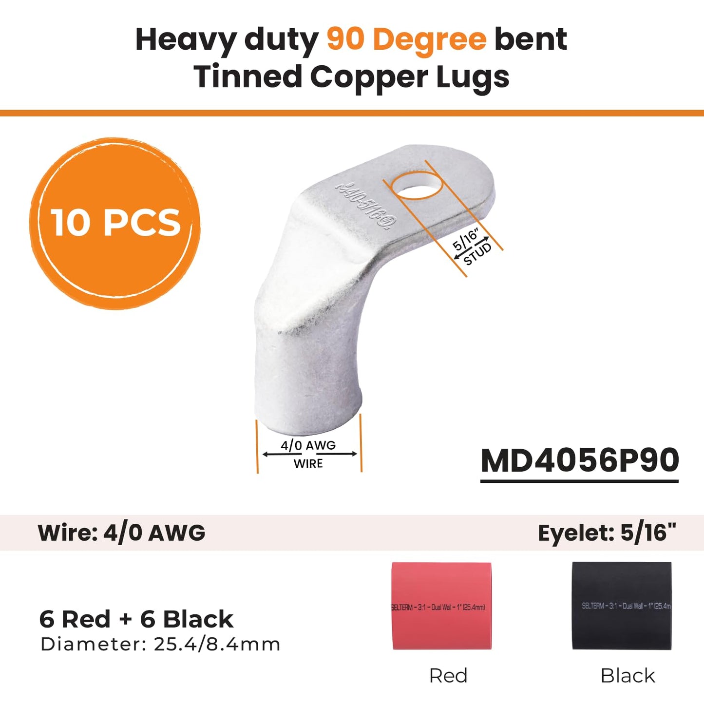 4/0 AWG 5/16" Stud - 90 Degree Bent Battery Lugs - 10pcs - Ring Terminal Connectors with 12pcs 3:1 Black & Red 1" Heat Shrink Tubing- Heavy Duty Battery Cable Ends - Tinned Copper Wire Connector Kit