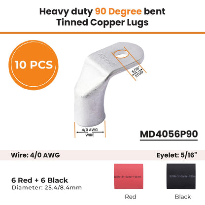4/0 AWG 5/16" Stud - 90 Degree Bent Battery Lugs - 10pcs - Ring Terminal Connectors with 12pcs 3:1 Black & Red 1" Heat Shrink Tubing- Heavy Duty Battery Cable Ends - Tinned Copper Wire Connector Kit