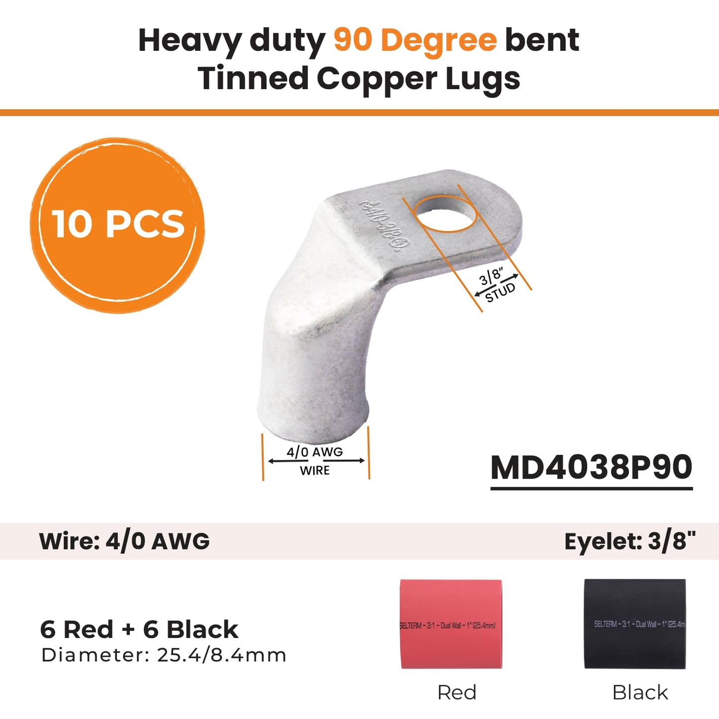 4/0 AWG 3/8" Stud - 90 Degree Bent Battery Lugs - 10pcs - Ring Terminal Connectors with 12pcs 3:1 Black & Red 1" Heat Shrink Tubing - Heavy Duty Battery Cable Ends - Tinned Copper Wire Connector Kit
