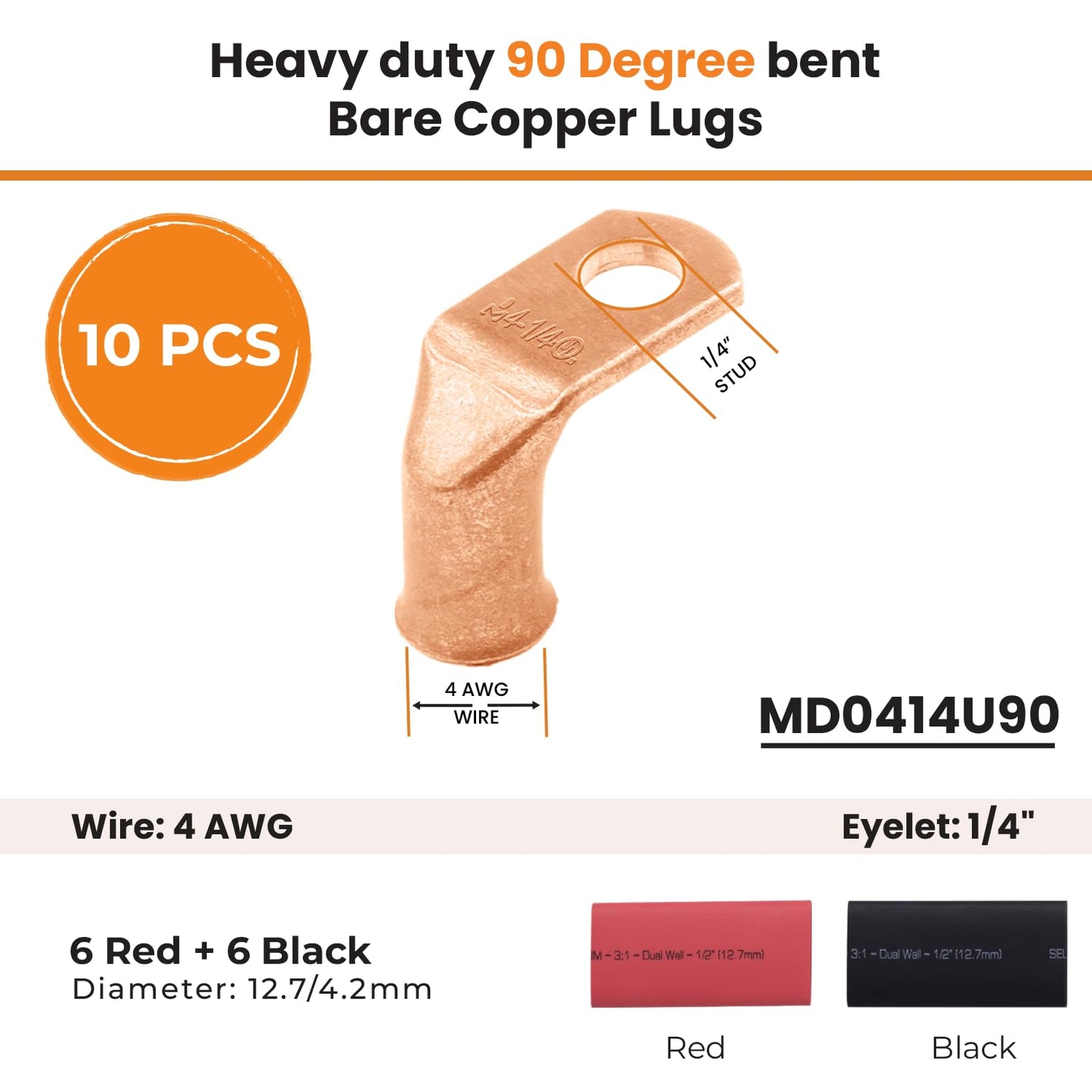 4 AWG 1/4" Stud - 90 Degree Bent Battery Lugs - 10pcs - Ring Terminal Connectors with 12pcs 3:1 Black & Red 1/2" Heat Shrink Tubing - Heavy Duty Battery Cable Ends - Bare Copper Wire Connectors Kit