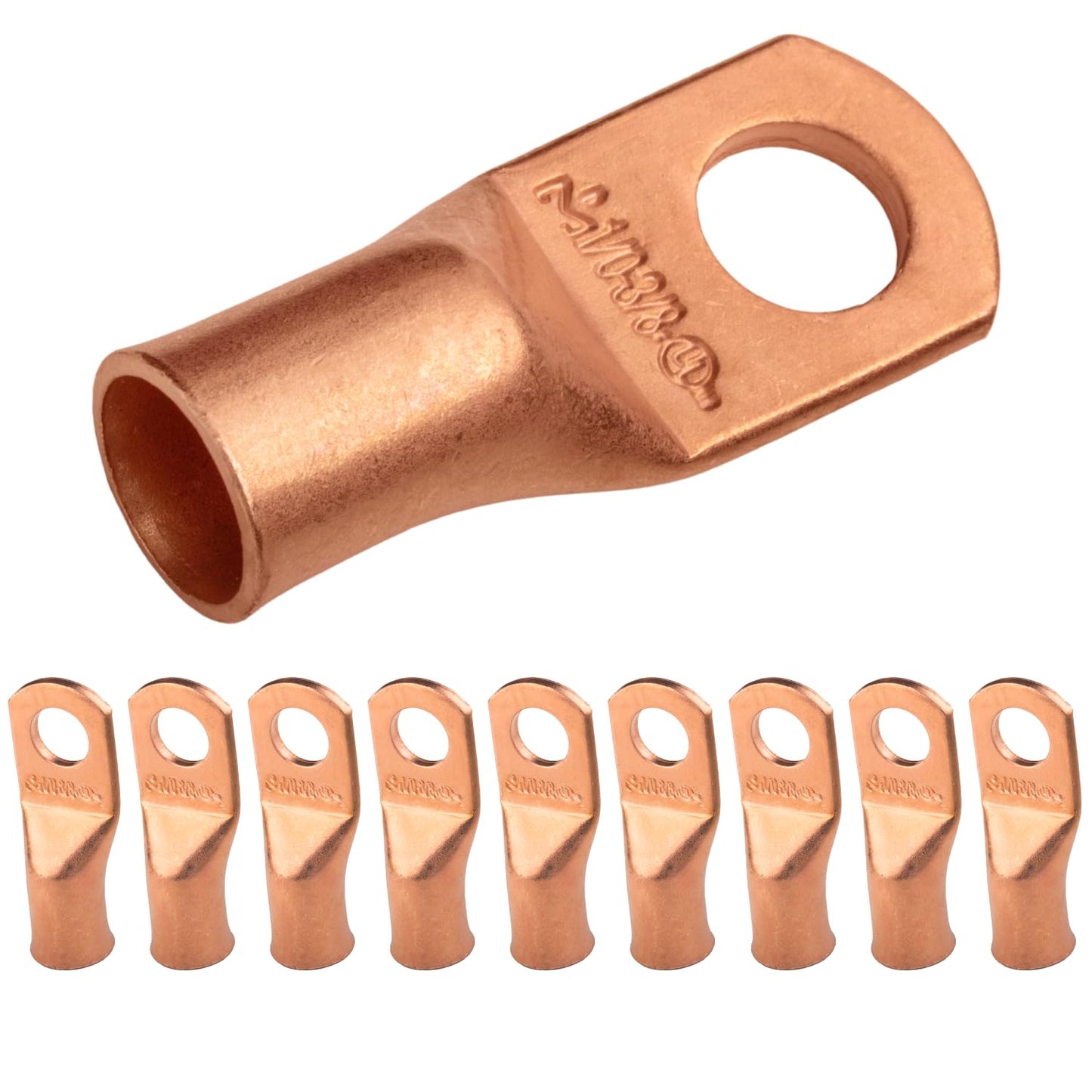 1/0 AWG (0 Gauge) 3/8" Stud, Bare Copper Battery Cable Ends, Wire Lugs, Heavy Duty, MD1038U