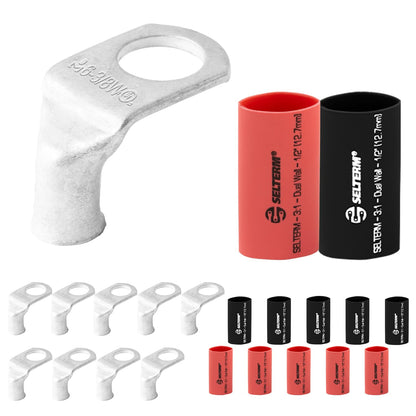 6 AWG 3/8" (Wide Pad) Stud- 90 Degree Bent Battery Lugs- 10pcs - Lugs- Ring Terminal Connectors with 12pcs 3:1 Black & Red 1/2" Heat Shrink Tubing - Heavy Duty Cable Ends- Tinned Copper Wire Connector Kit