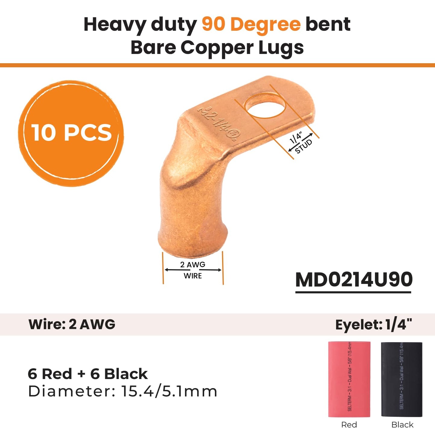 2 AWG 1/4" Stud - 90 Degree Bent Battery Lugs - 10pcs - Ring Terminal Connectors with 12pcs 3:1 Black & Red 5/8" Heat Shrink Tubing - Heavy Duty Battery Cable Ends - Bare Copper Wire Connectors Kit