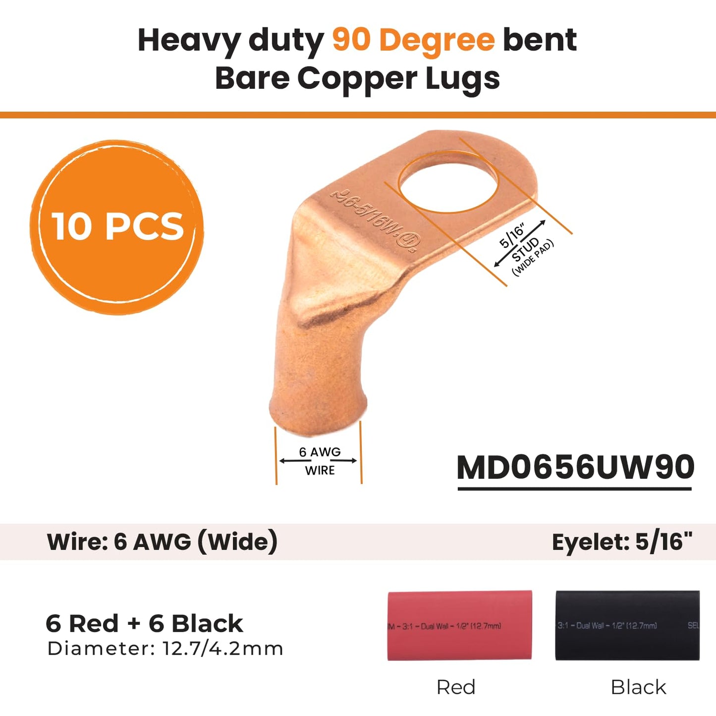 6 AWG 5/16" (Wide Pad) Stud 90 Degree Bent Battery Lugs - 10pcs - Lugs - Ring Terminal Connectors with 12pcs 3:1 Black & Red 1/2" Heat Shrink Tubing- Heavy Duty Cable Ends - Bare Copper Wire Connectors Kit