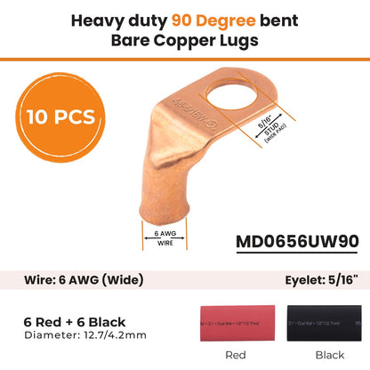 6 AWG 5/16" (Wide Pad) Stud 90 Degree Bent Battery Lugs - 10pcs - Lugs - Ring Terminal Connectors with 12pcs 3:1 Black & Red 1/2" Heat Shrink Tubing- Heavy Duty Cable Ends - Bare Copper Wire Connectors Kit