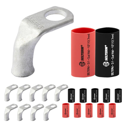 8 AWG 1/4" Stud Marine Grade, 90° Bent Tinned Copper Lugs - 10pcs With 12pcs 3:1 Black & Red Heat Shrink Tubing, 1/2" Ring Terminal Connectors, Heavy Duty Battery Cable Ends Copper Eyelets