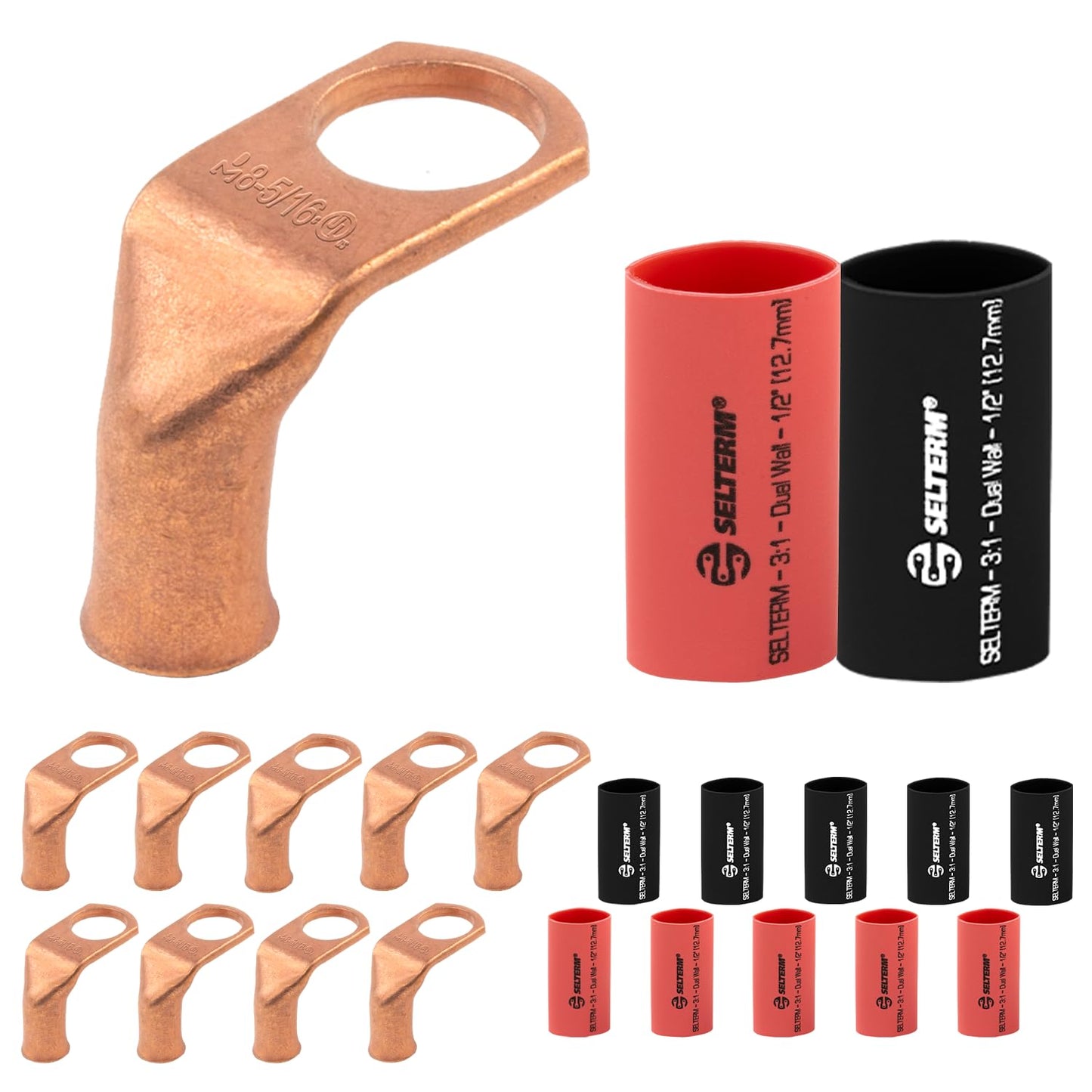 8 AWG 5/16" Stud, 90° Bent Low Voltage Drop Bare Copper Lugs - 10pcs With 12pcs 3:1 Black & Red Heat Shrink Tubing, 1/2" Ring Terminal Connectors, Heavy Duty Battery Cable Ends Copper Eyelets