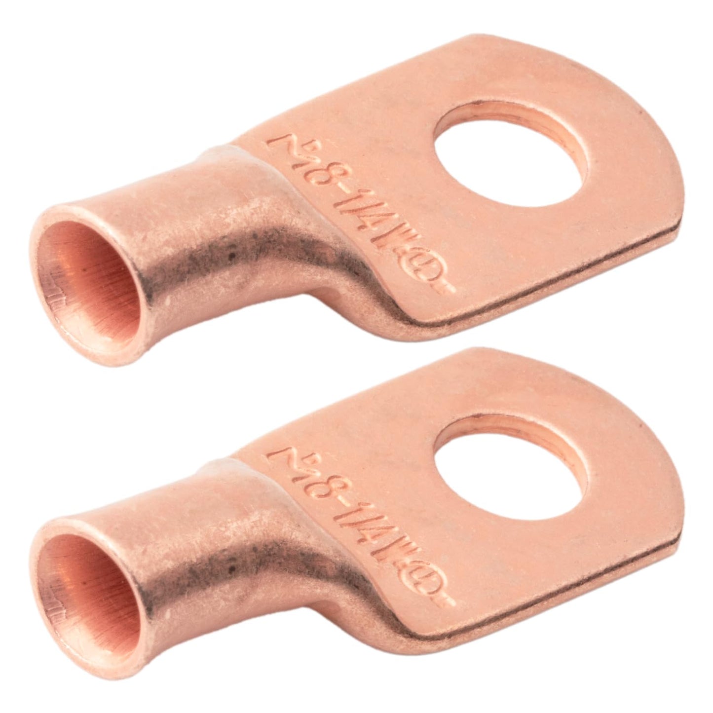 8 AWG (8 Gauge) 1/4" Stud, (Wide Pad) Bare Copper Battery Cable Ends, Wire Lugs, Heavy Duty, MD0814UW