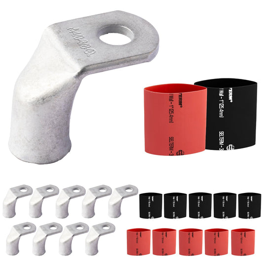 4/0 AWG 3/8" Stud - 90 Degree Bent Battery Lugs - 10pcs - Ring Terminal Connectors with 12pcs 3:1 Black & Red 1" Heat Shrink Tubing - Heavy Duty Battery Cable Ends - Tinned Copper Wire Connector Kit