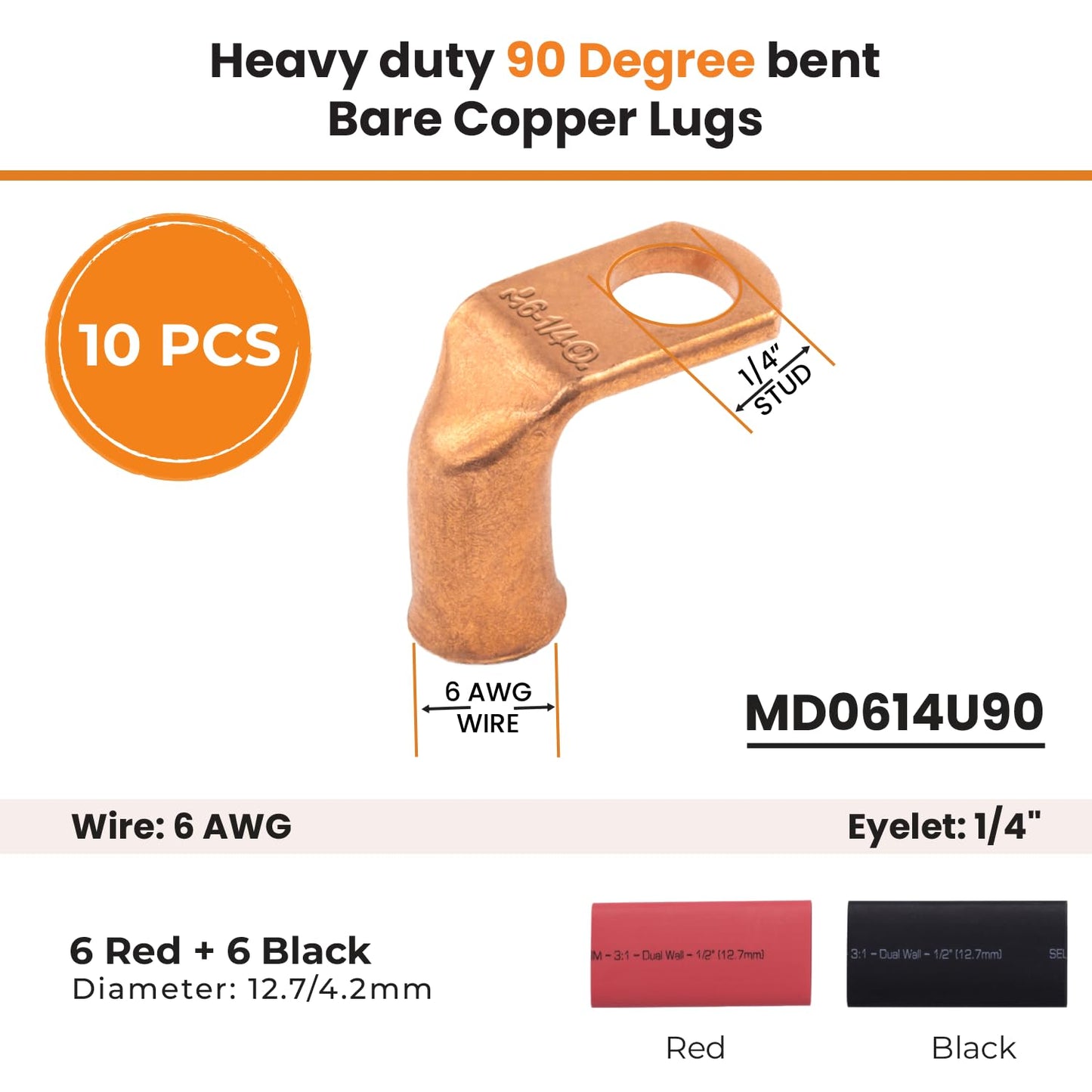 6 AWG 1/4" Stud - 90 Degree Bent Battery Lugs - 10pcs - Ring Terminal Connectors with 12pcs 3:1 Black & Red 1/2" Heat Shrink Tubing - Heavy Duty Battery Cable Ends - Bare Copper Wire Connectors Kit
