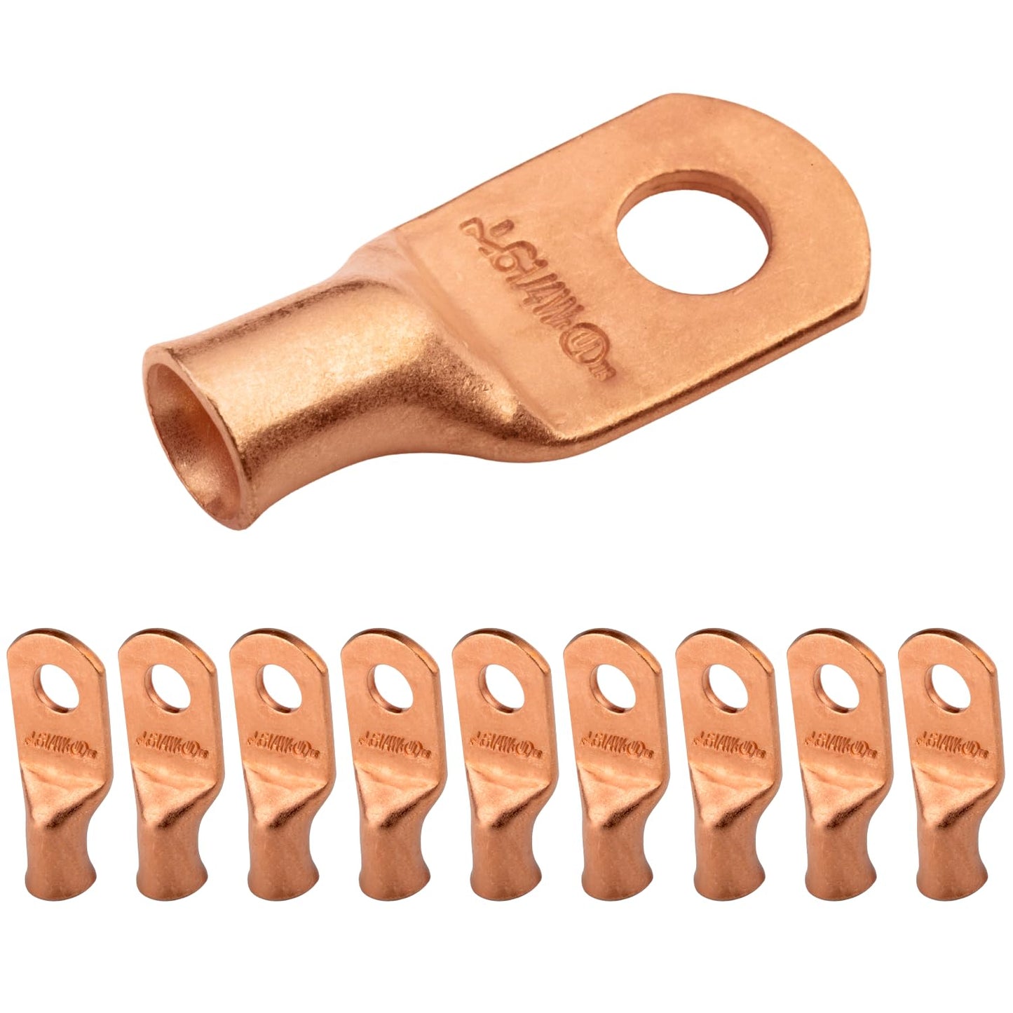 6 AWG (6 Gauge) 1/4" Stud, (Wide Pad) Bare Copper Battery Cable Ends, Wire Lugs, Heavy Duty, MD0614UW