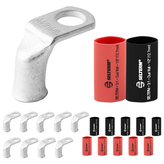 4 AWG 5/16" Stud 90 Degree Bent Battery Lugs - 10pcs - Ring Terminal Connectors with 12pcs 3:1 Black & Red 1/2" Heat Shrink Tubing - Heavy Duty Battery Cable Ends - Tinned Copper Wire Connector Kit
