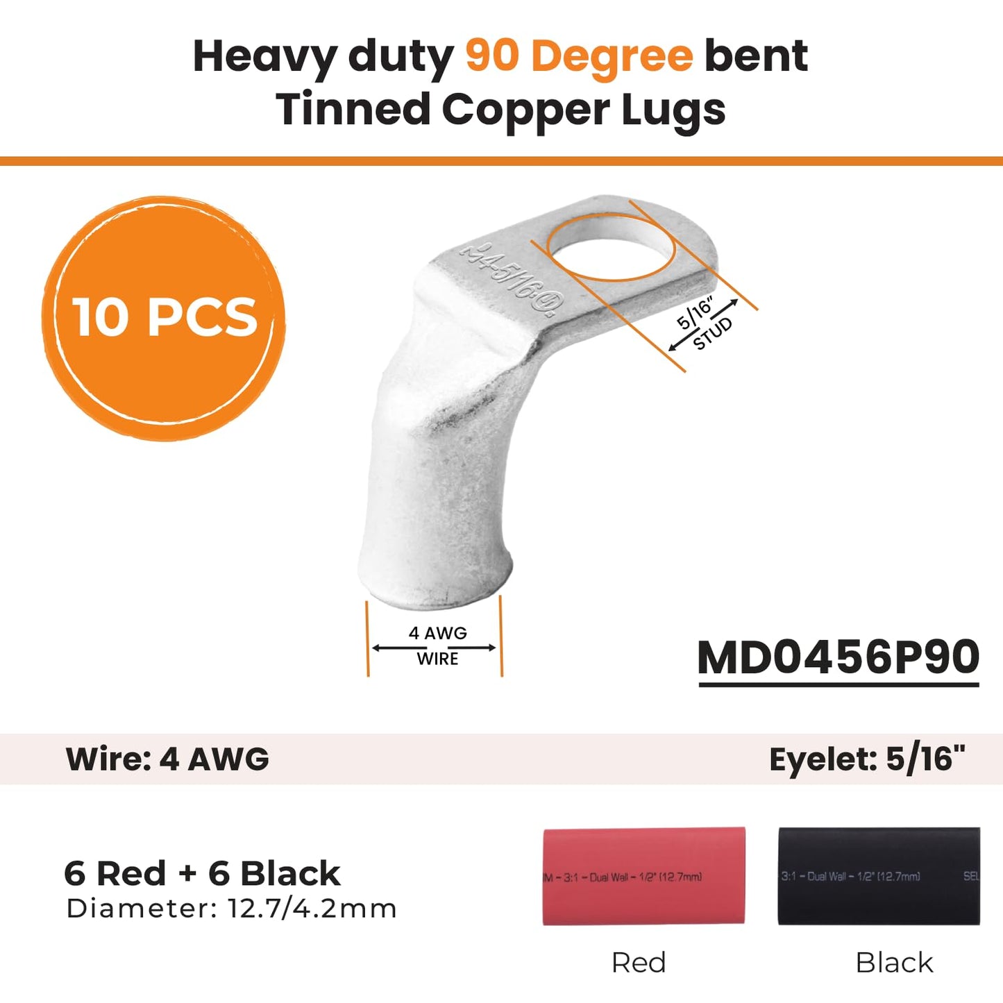 4 AWG 5/16" Stud 90 Degree Bent Battery Lugs - 10pcs - Ring Terminal Connectors with 12pcs 3:1 Black & Red 1/2" Heat Shrink Tubing - Heavy Duty Battery Cable Ends - Tinned Copper Wire Connector Kit