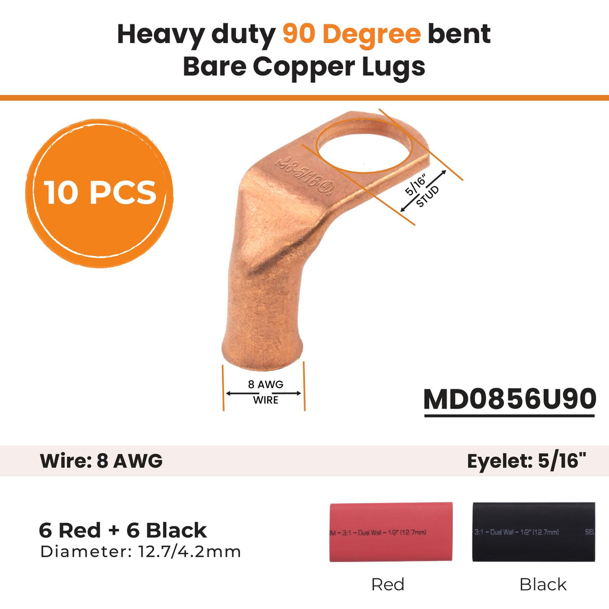8 AWG 5/16" Stud, 90° Bent Low Voltage Drop Bare Copper Lugs - 10pcs With 12pcs 3:1 Black & Red Heat Shrink Tubing, 1/2" Ring Terminal Connectors, Heavy Duty Battery Cable Ends Copper Eyelets