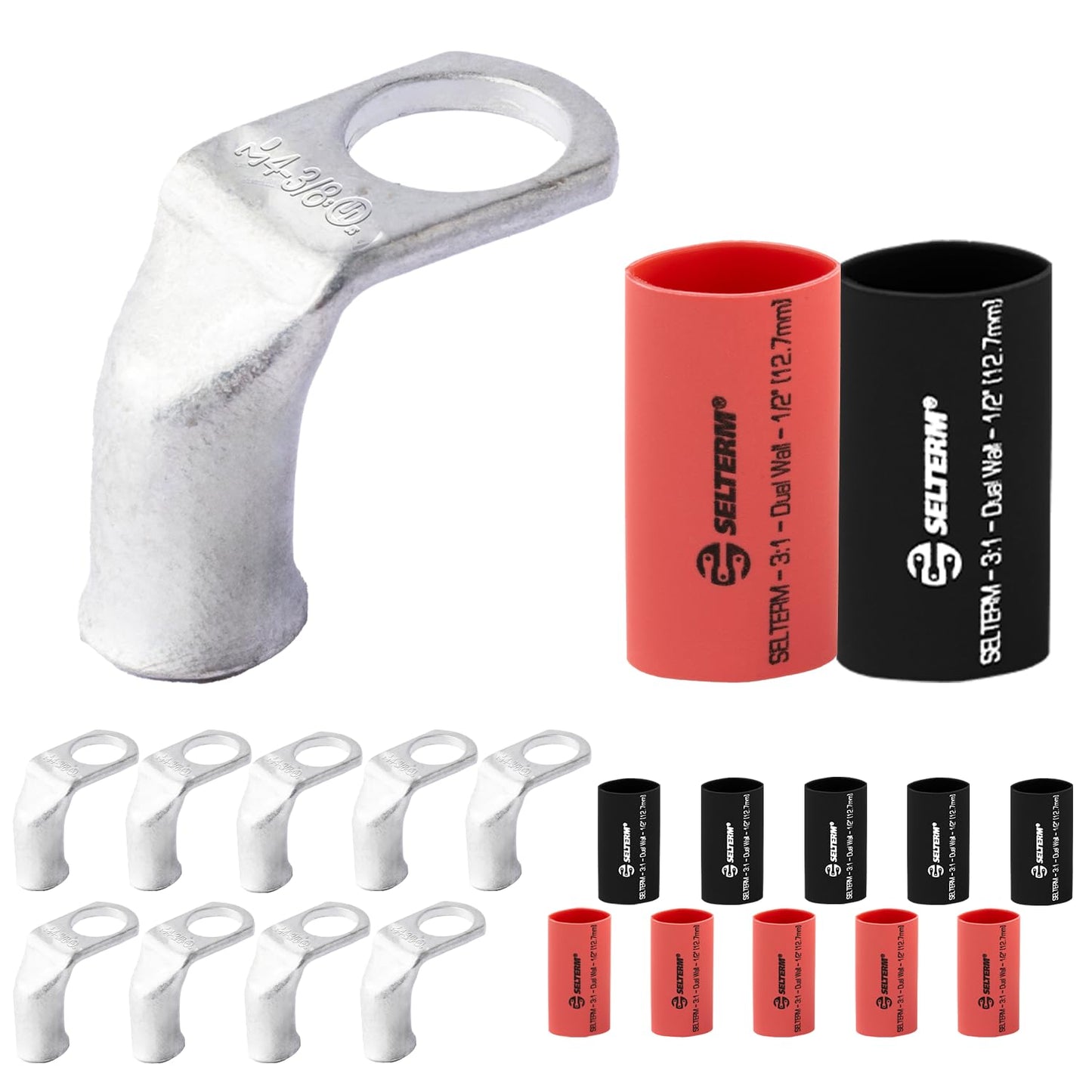 4 AWG 3/8" Stud - 90 Degree Bent Battery Lugs - 10pcs - Ring Terminal Connectors with 12pcs 3:1 Black & Red 1/2" Heat Shrink Tubing - Heavy Duty Battery Cable Ends - Tinned Copper Wire Connector Kit