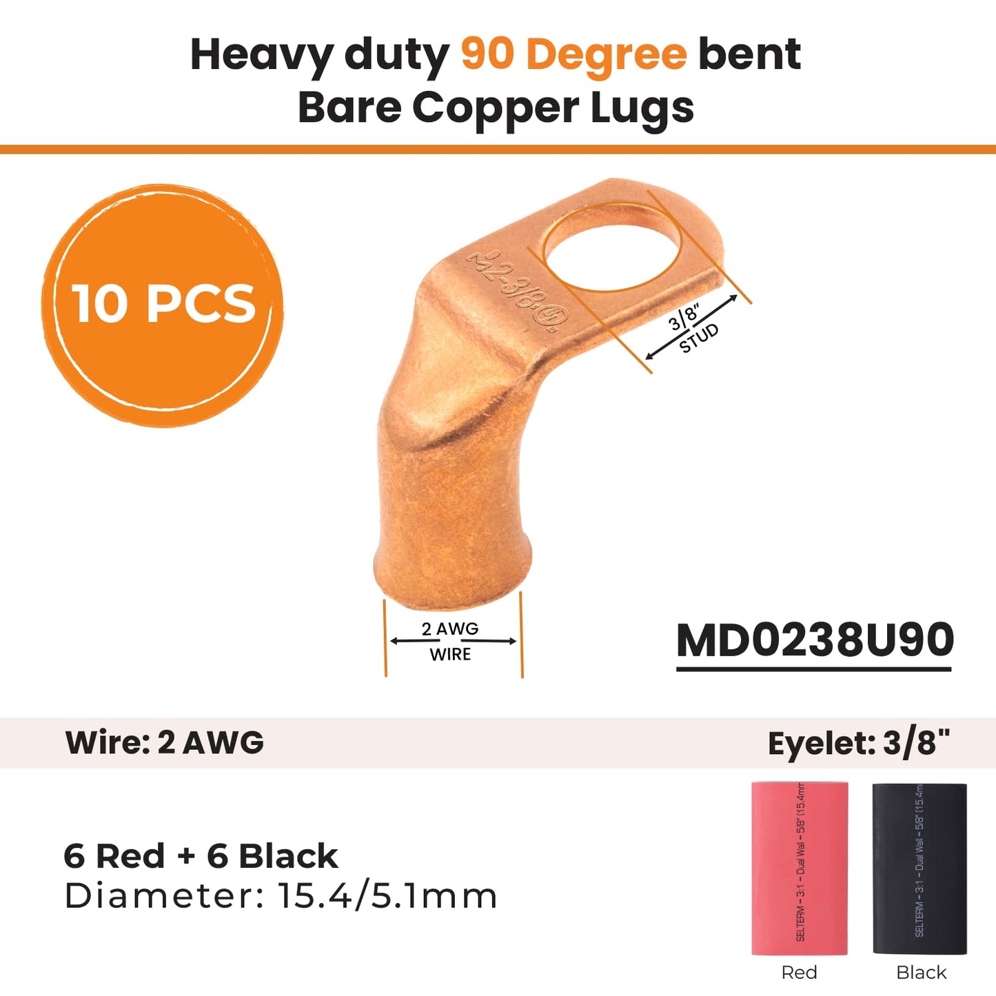2 AWG 3/8" Stud - 90 Degree Bent Battery Lugs - 10pcs - Ring Terminal Connectors with 12pcs 3:1 Black & Red 5/8" Heat Shrink Tubing - Heavy Duty Battery Cable Ends - Bare Copper Wire Connectors Kit