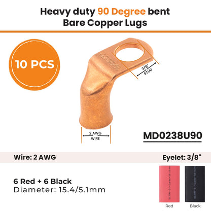 2 AWG 3/8" Stud - 90 Degree Bent Battery Lugs - 10pcs - Ring Terminal Connectors with 12pcs 3:1 Black & Red 5/8" Heat Shrink Tubing - Heavy Duty Battery Cable Ends - Bare Copper Wire Connectors Kit