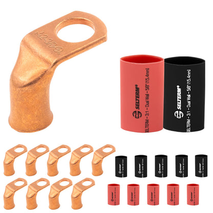2 AWG 3/8" Stud - 90 Degree Bent Battery Lugs - 10pcs - Ring Terminal Connectors with 12pcs 3:1 Black & Red 5/8" Heat Shrink Tubing - Heavy Duty Battery Cable Ends - Bare Copper Wire Connectors Kit