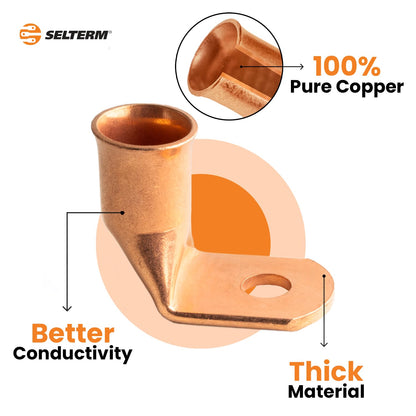 4 AWG 5/16" Stud - 90 Degree Bent Battery Lugs - 10pcs - Ring Terminal Connectors with 12pcs 3:1 Black & Red 1/2" Heat Shrink Tubing - Heavy Duty Battery Cable Ends - Bare Copper Wire Connectors Kit