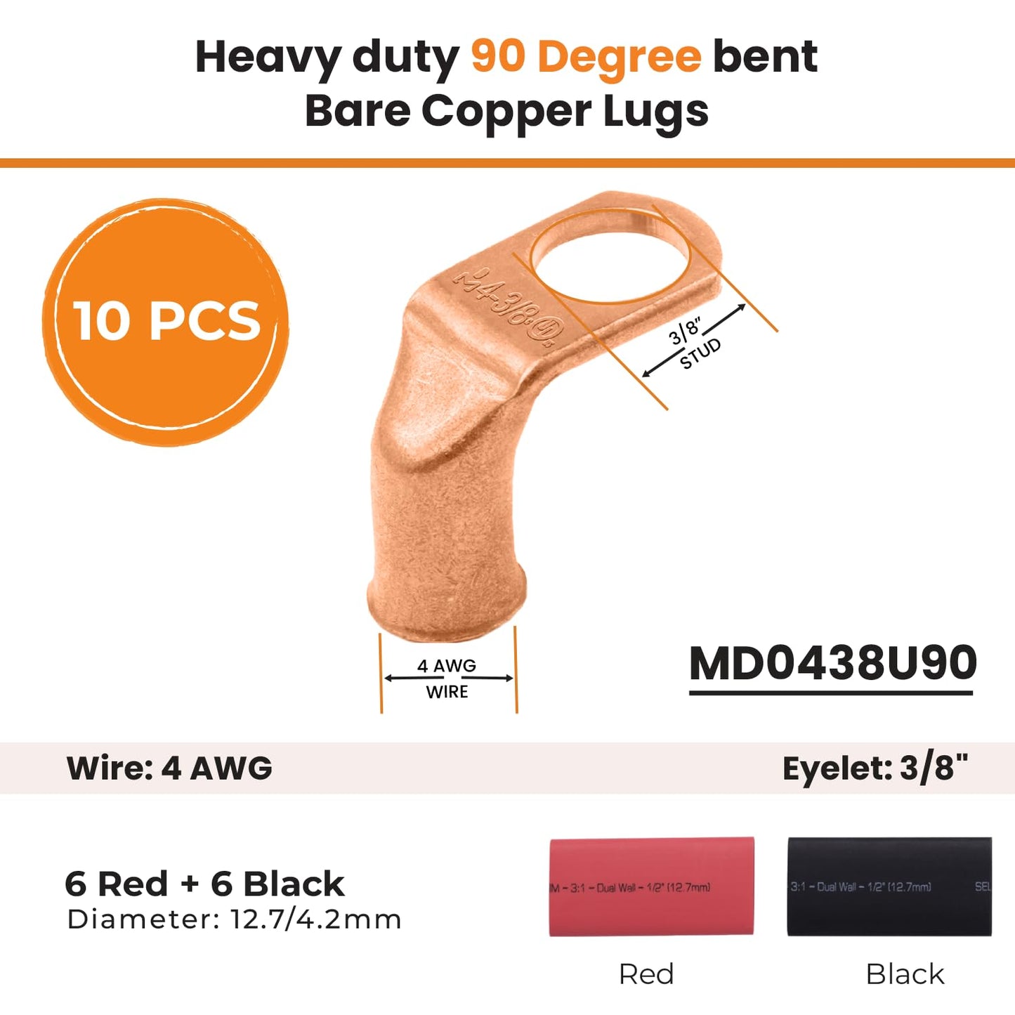4 AWG 3/8" Stud - 90 Degree Bent Battery Lugs - 10pcs - Ring Terminal Connectors with 12pcs 3:1 Black & Red 1/2" Heat Shrink Tubing - Heavy Duty Battery Cable Ends - Bare Copper Wire Connectors Kit