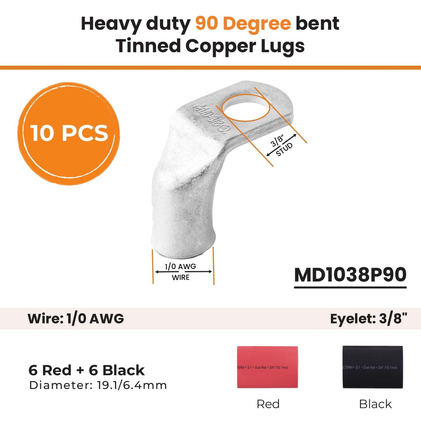 1/0 AWG 3/8" Stud 90 Degree Bent Battery Lugs - 10pcs - Ring Terminal Connectors with 12pcs 3:1 Black & Red 3/4" Heat Shrink Tubing - Heavy Duty Battery Cable Ends - Tinned Copper Wire Connector Kit
