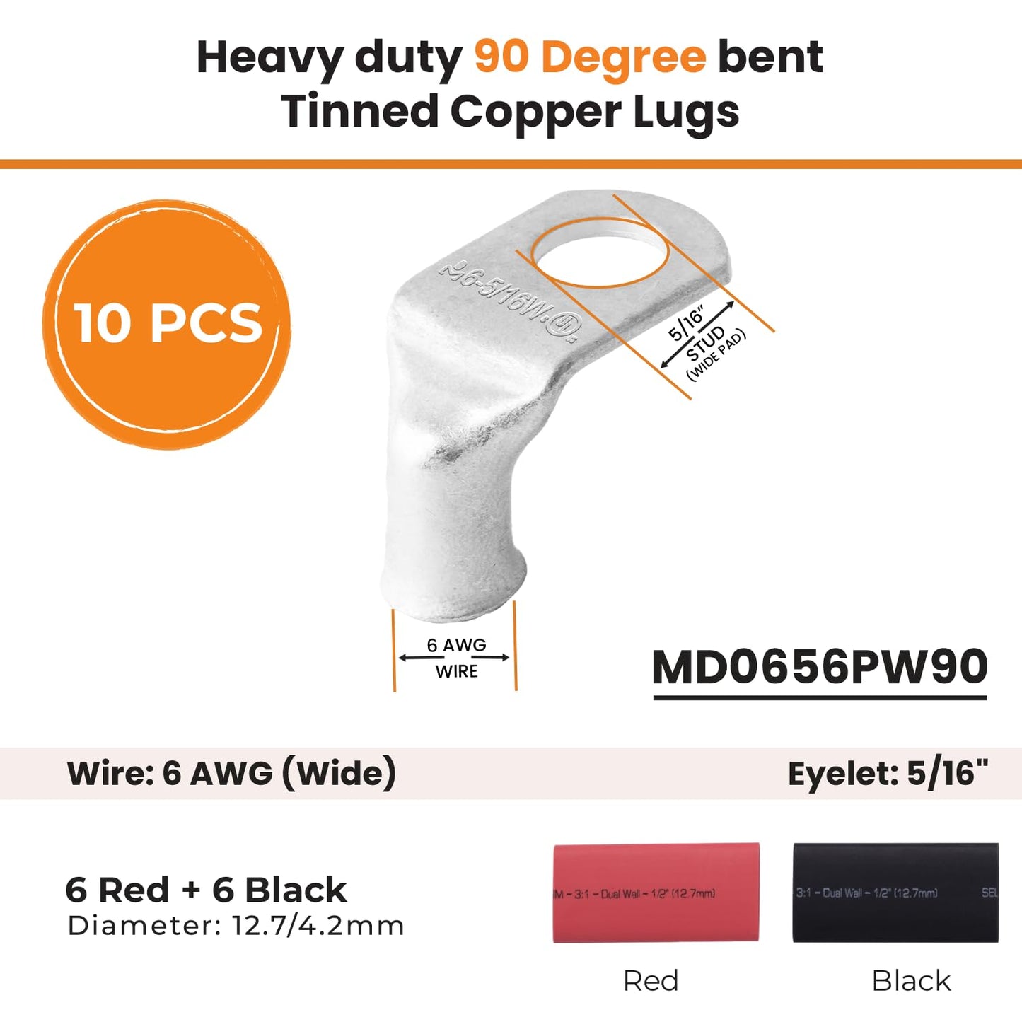6 AWG 5/16" (Wide Pad) Stud- 90 Degree Bent Battery Lugs - 10pcs - Battery Lugs- Ring Terminal Connectors with 12pcs 3:1 Black & Red 1/2" Heat Shrink Tubing- Heavy Duty Cable Ends- Tinned Copper Wire Connector Kit