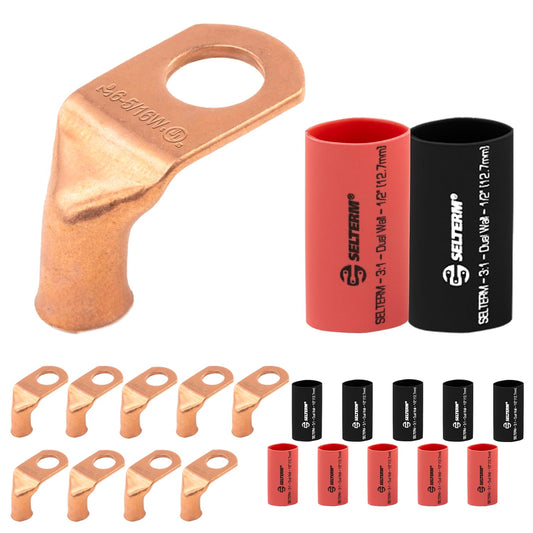 6 AWG 5/16" (Wide Pad) Stud 90 Degree Bent Battery Lugs - 10pcs - Lugs - Ring Terminal Connectors with 12pcs 3:1 Black & Red 1/2" Heat Shrink Tubing- Heavy Duty Cable Ends - Bare Copper Wire Connectors Kit