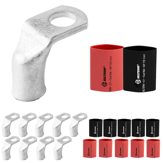 1/0 AWG 3/8" Stud 90 Degree Bent Battery Lugs - 10pcs - Ring Terminal Connectors with 12pcs 3:1 Black & Red 3/4" Heat Shrink Tubing - Heavy Duty Battery Cable Ends - Tinned Copper Wire Connector Kit