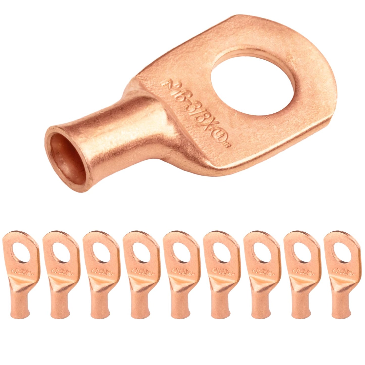 6 AWG (6 Gauge) 3/8" Stud, (Wide Pad) Bare Copper Battery Cable Ends, Wire Lugs, Heavy Duty, MD0638UX