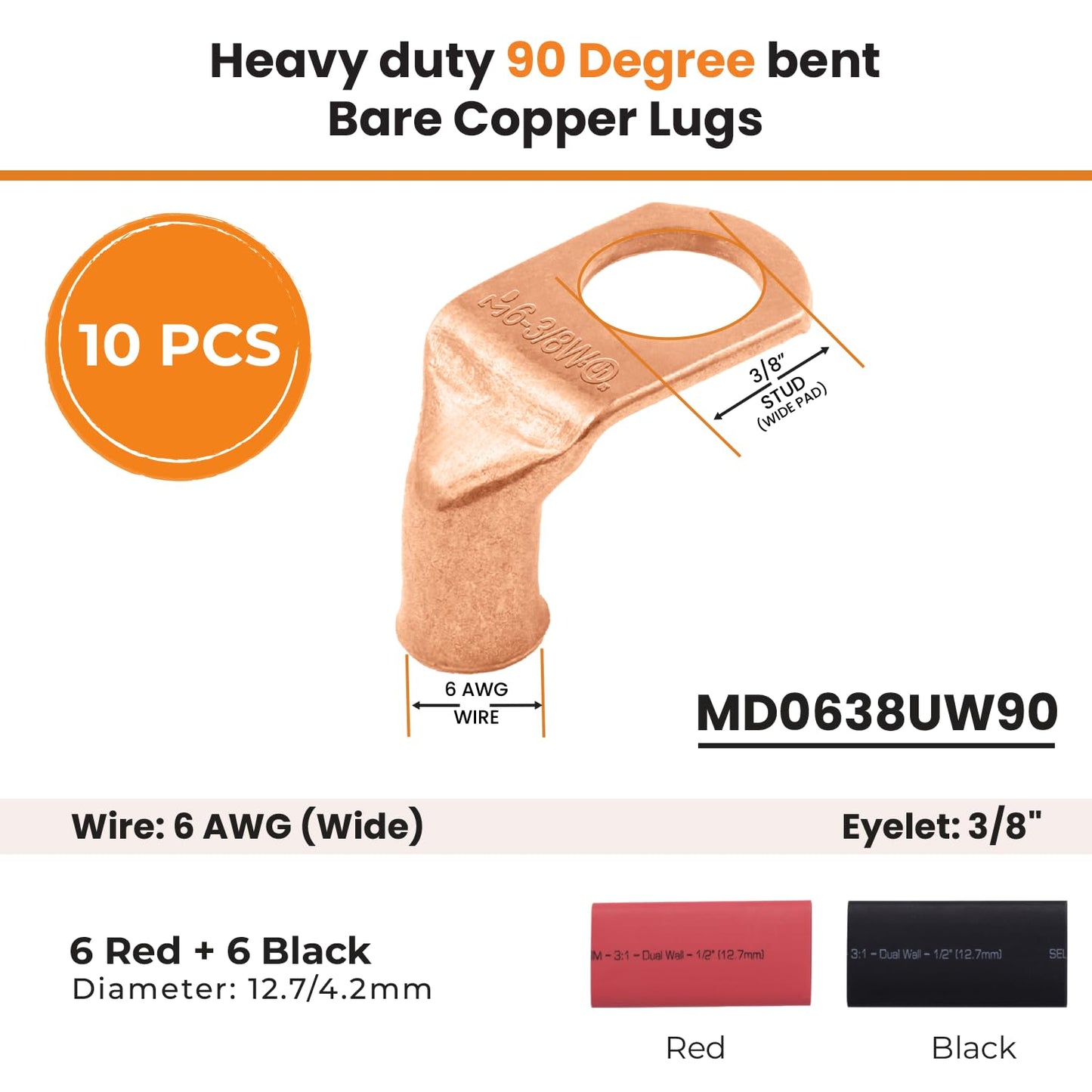 6 AWG 3/8" (Wide Pad) Stud 90 Degree Bent Battery Lugs - 10pcs - Lugs - Ring Terminal Connectors with 12pcs 3:1 Black & Red 1/2" Heat Shrink Tubing - Heavy Duty Cable Ends - Bare Copper Wire Connectors Kit