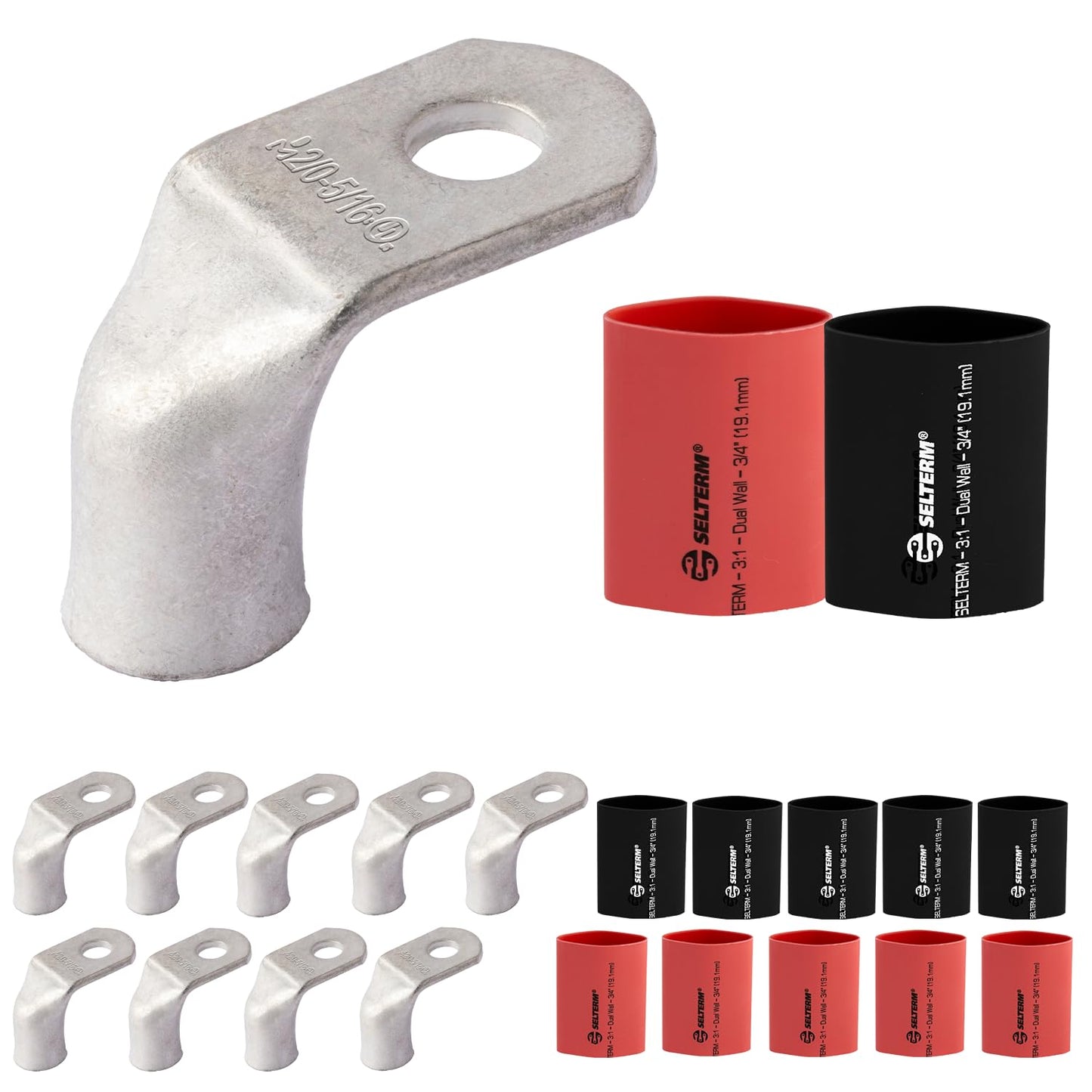 2/0 AWG 5/16" Stud 90 Degree Bent Battery Lugs - 10pcs - Ring Terminal Connectors with 12pcs 3:1 Black & Red 3/4" Heat Shrink Tubing - Heavy Duty Battery Cable Ends - Tinned Copper Wire Connector Kit