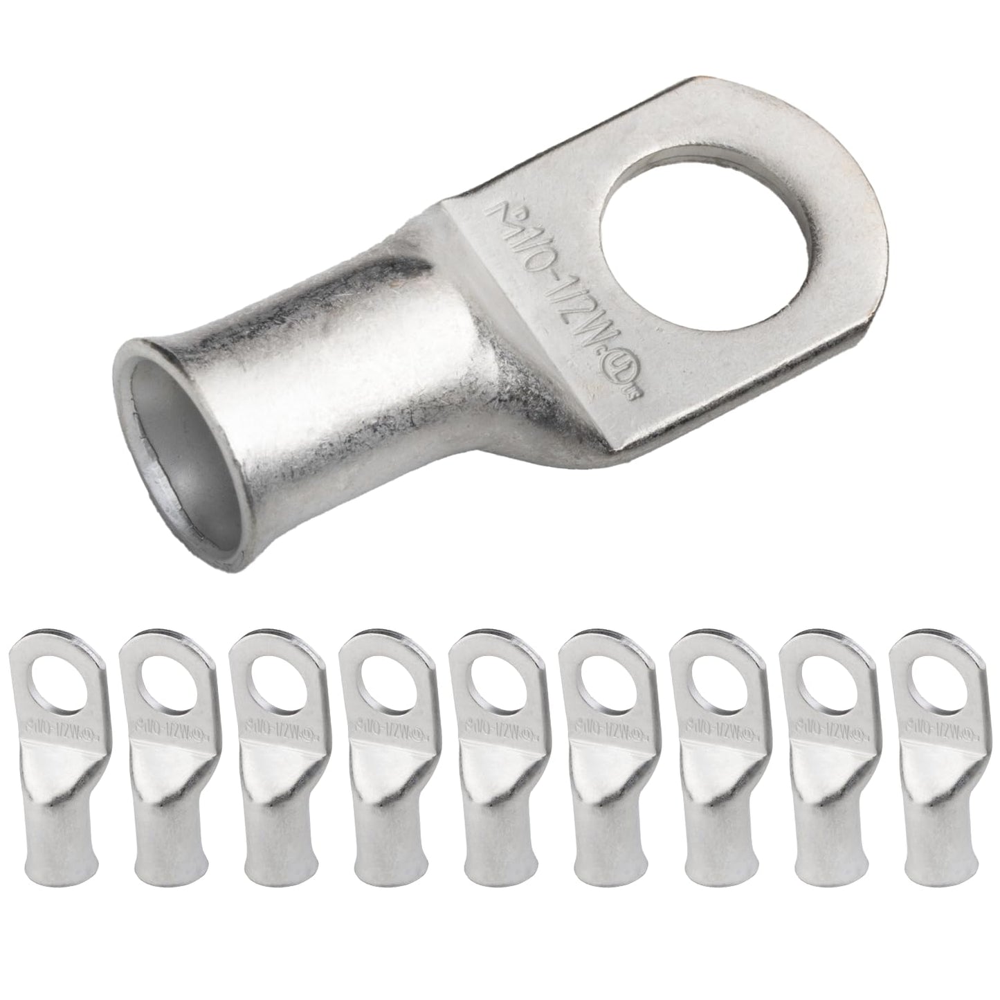 1/0 AWG (0 Gauge) 1/2" Stud, (Wide Pad) Tinned Copper Battery Cable Ends, Wire Lugs, Marine Grade, MD1012PW