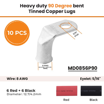 8 AWG 5/16" Stud Marine Grade, 90° Bent Tinned Copper Lugs - 10pcs With 12pcs 3:1 Black & Red Heat Shrink Tubing, 1/2" Ring Terminal Connectors, Heavy Duty Battery Cable Ends Copper Eyelets