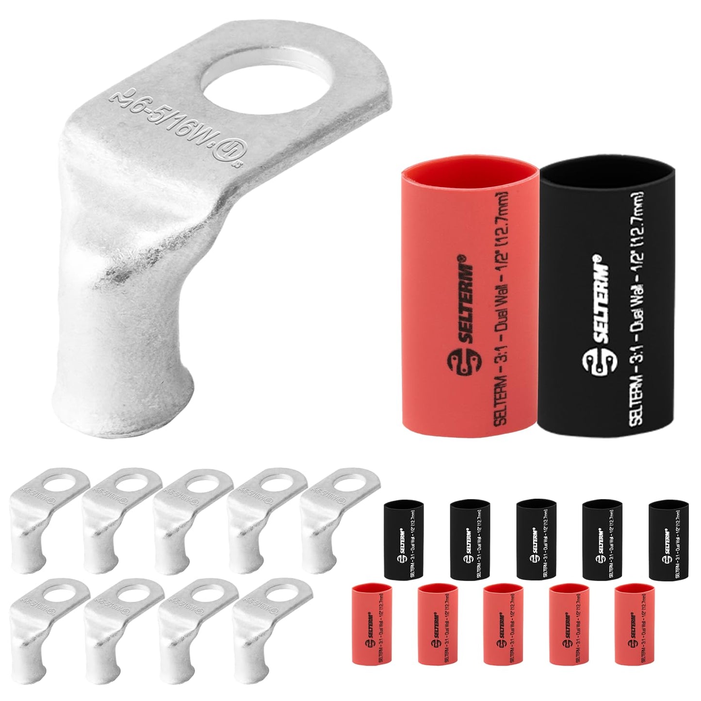 6 AWG 5/16" (Wide Pad) Stud- 90 Degree Bent Battery Lugs - 10pcs - Battery Lugs- Ring Terminal Connectors with 12pcs 3:1 Black & Red 1/2" Heat Shrink Tubing- Heavy Duty Cable Ends- Tinned Copper Wire Connector Kit