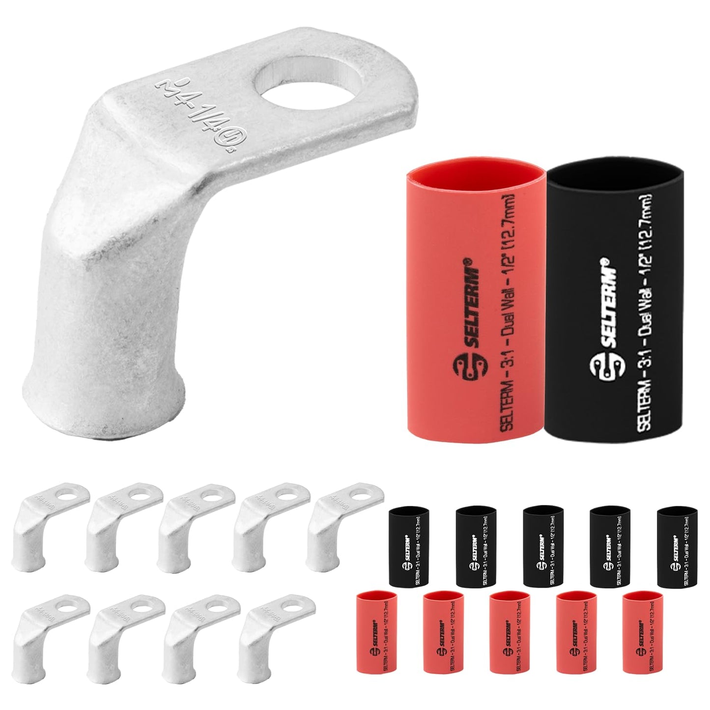 4 AWG 1/4" Stud - 90 Degree Bent Battery Lugs - 10pcs - Ring Terminal Connectors with 12pcs 3:1 Black & Red 1/2" Heat Shrink Tubing | Heavy Duty Battery Cable Ends - Tinned Copper Wire Connector Kit